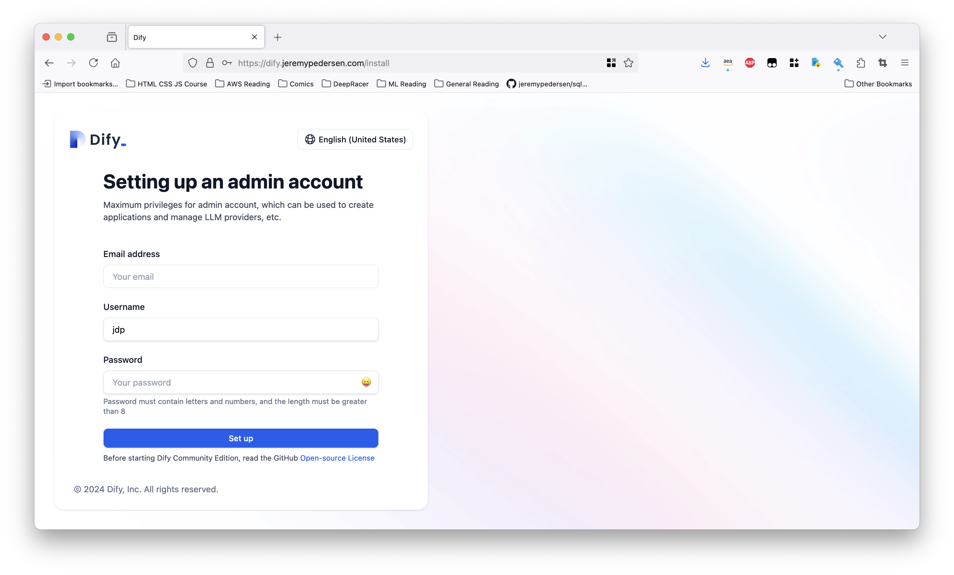 Dify setup page
