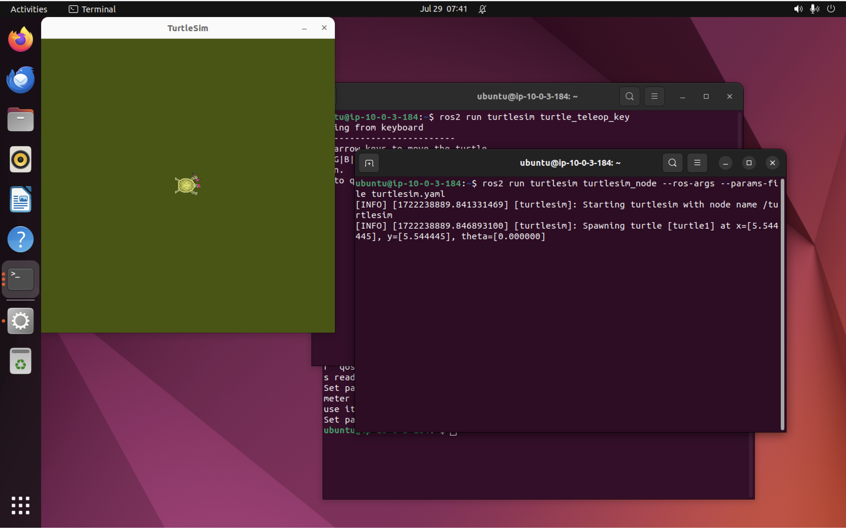 Turtlesim window after “ros2 run” command with re-loaded parameters